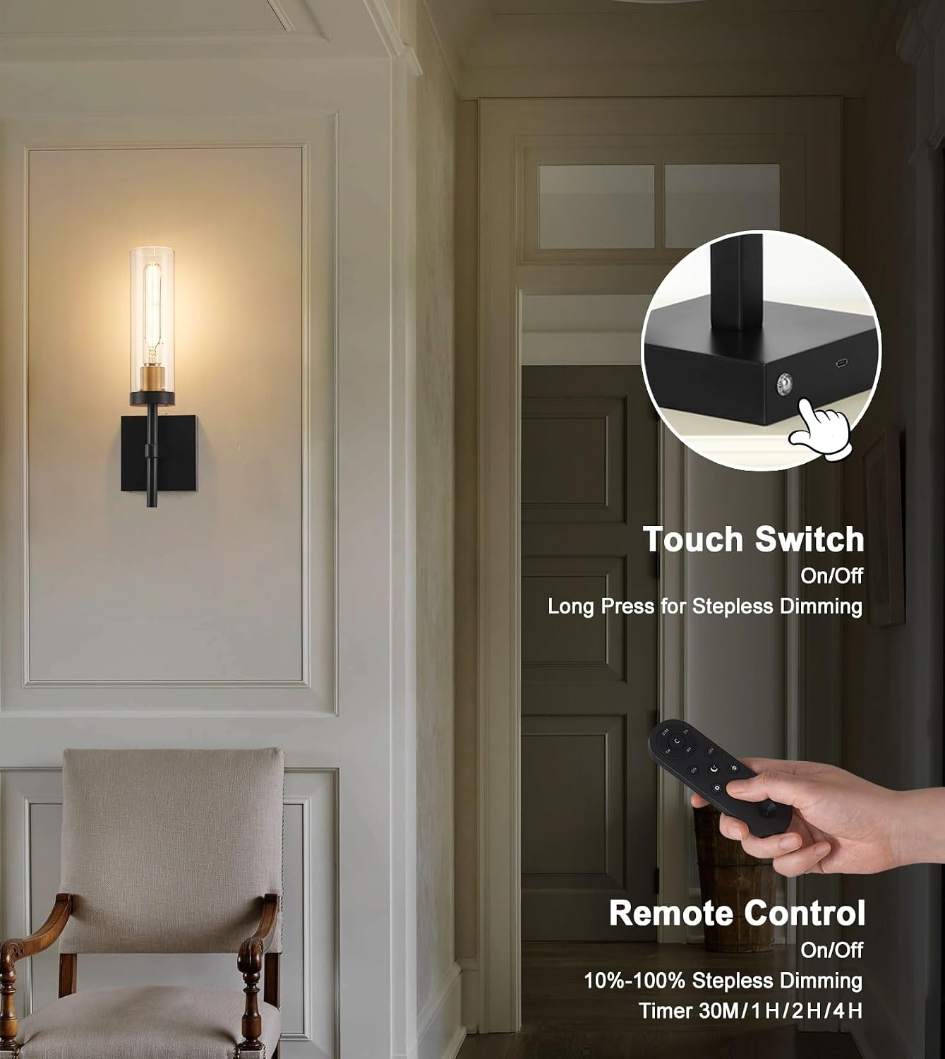 Wireless Wall Sconces with Remote Control, Battery Operated Wall Sconce Set of 2, Black & Gold Rechargeable Dimmable