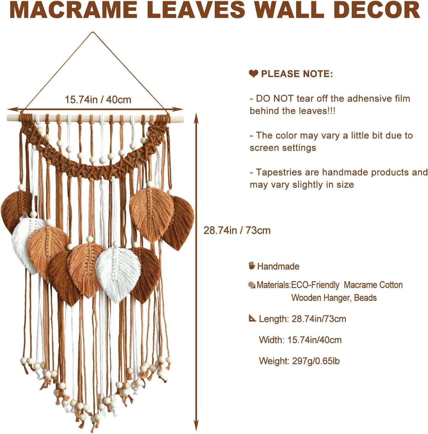 Macrame Wall Hanging -Handmade Leaf Wall Tapestry / Brown Orange