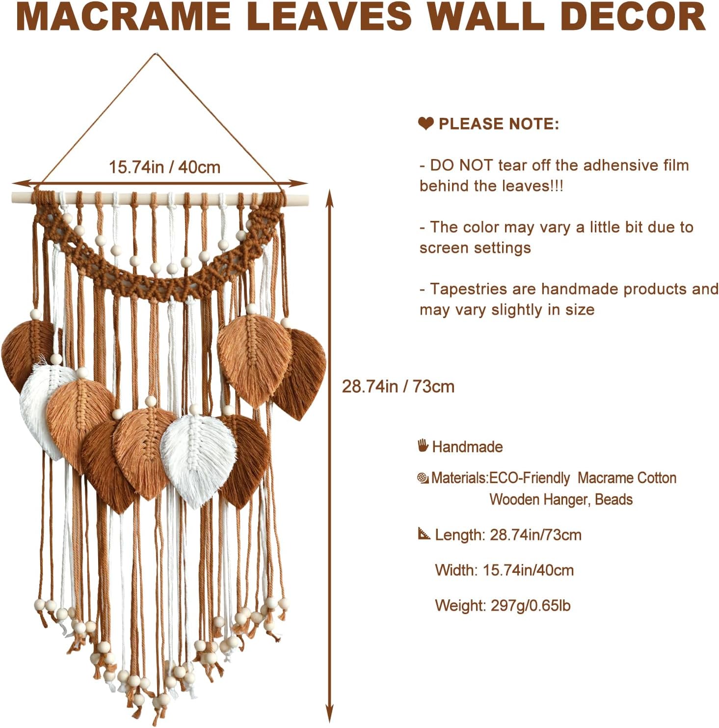 Macrame Wall Hanging -Handmade Leaf Wall Tapestry / Brown Orange