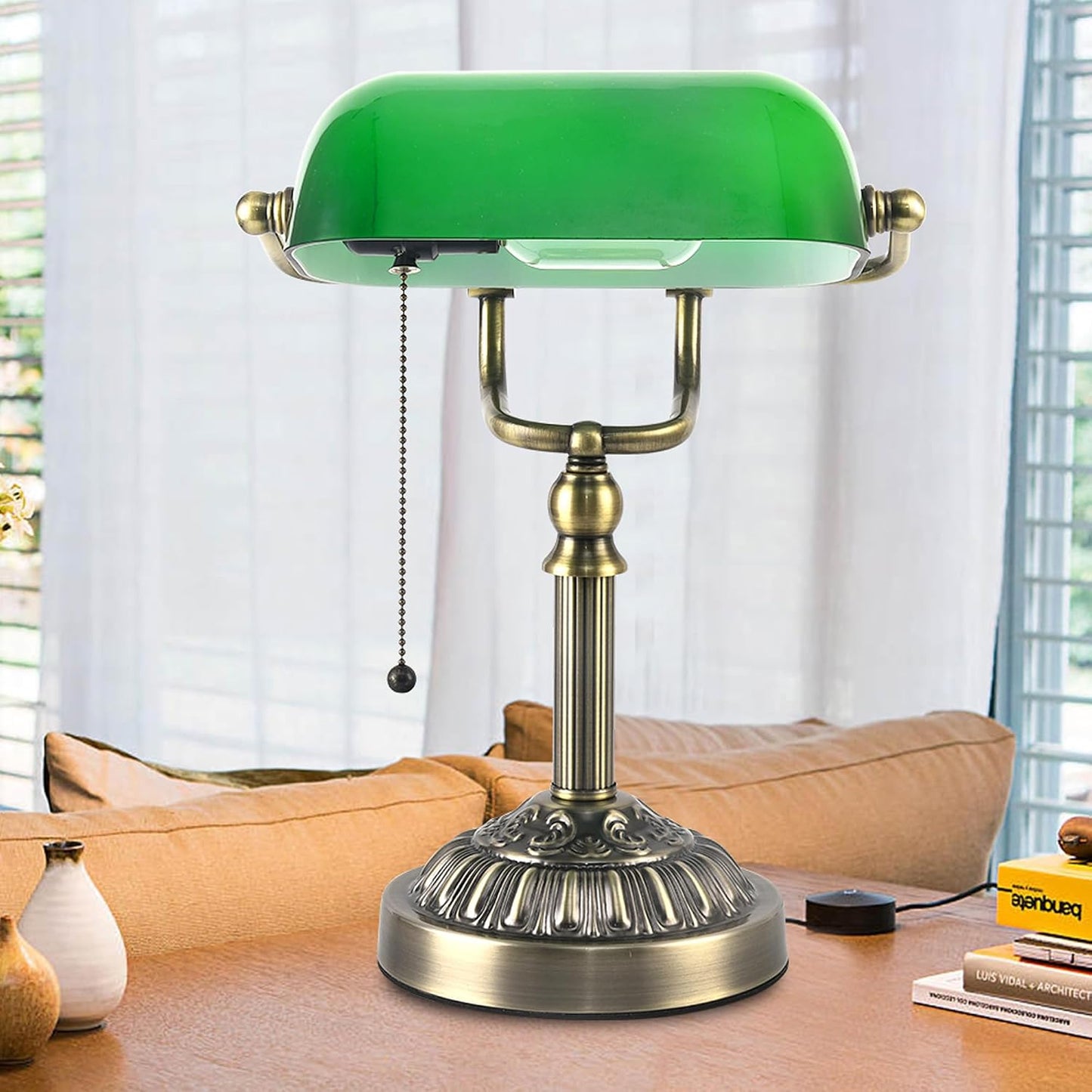 Bankers Desk Lamp with USB-A Charging Port, Vintage Desk Lamps with Pull Chain Green Glass, Antique Brass Banker's Lamp