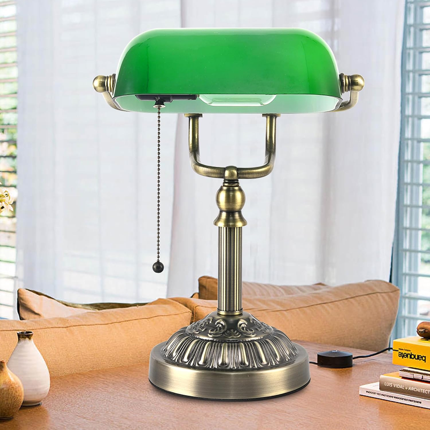 Bankers Desk Lamp with USB-A Charging Port, Vintage Desk Lamps with Pull Chain Green Glass, Antique Brass Banker's Lamp