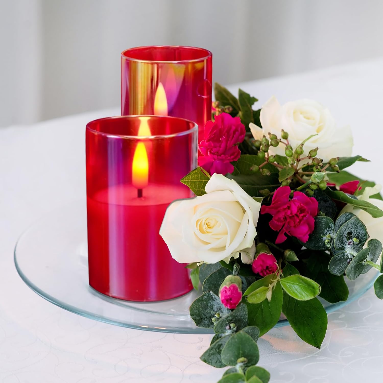 Red Glass Flameless Pillar Candles with Remote Batteries Set of 5 | Flickering Christmas LED Candles, Fireplace Home