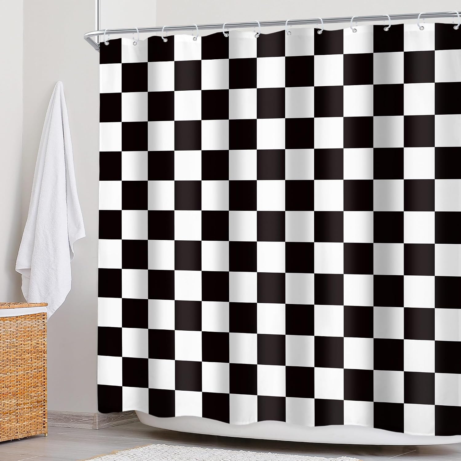 Checkered Shower Curtain L Black and White Kids Boys / 01 Black White / 72"W x 72"L / 72 x 72
