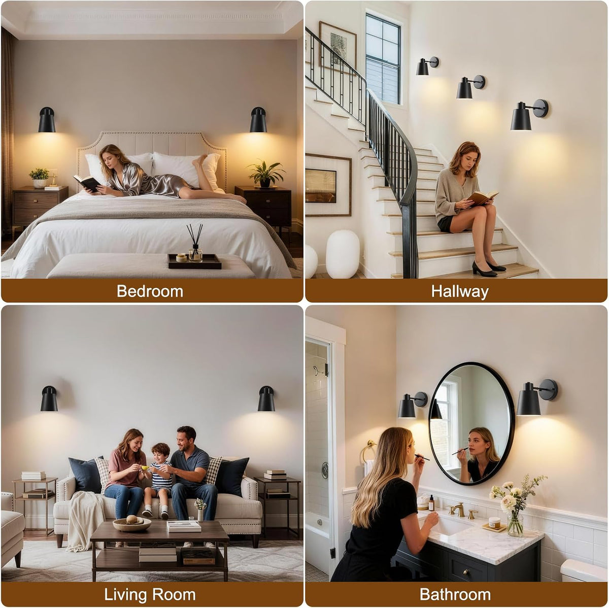 Black Battery Operated Wall Sconces Set of Two with Remote, Rechargeable Battery Powered Wall Lights, 3 Color