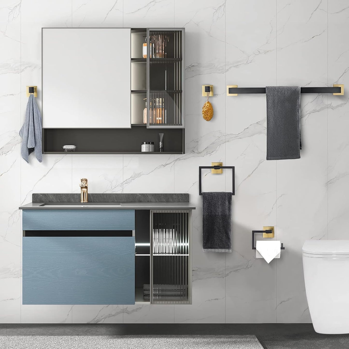 YACVCL 5 Pieces Bathroom Hardware Set, Black and Gold Towel Bar Set, 23.6 inch Towel Bar Hand Towel Holder Wall Mounted