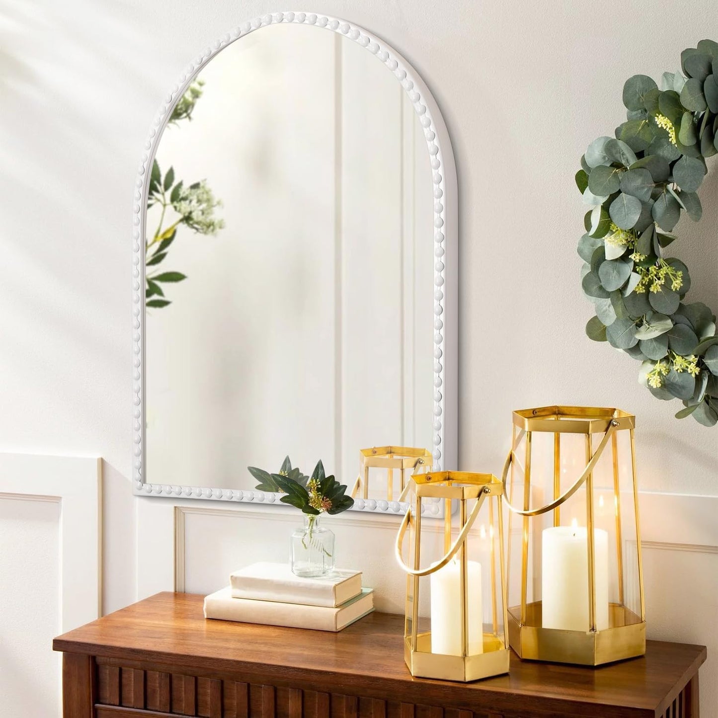 Beaded Framed Metal Accent Wall Mirrors Decorative Bathroom Living Room / 30"L x 20"W / White