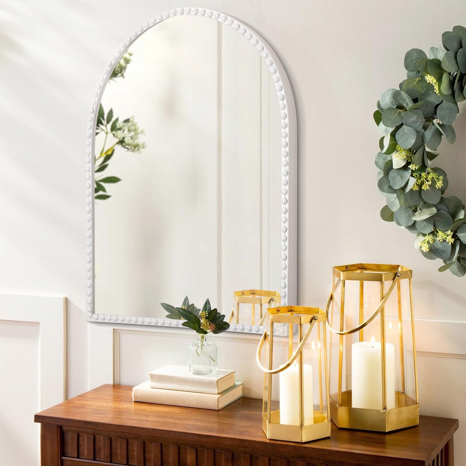 Beaded Framed Metal Accent Wall Mirrors Decorative Bathroom Living Room / 30"L x 20"W / White