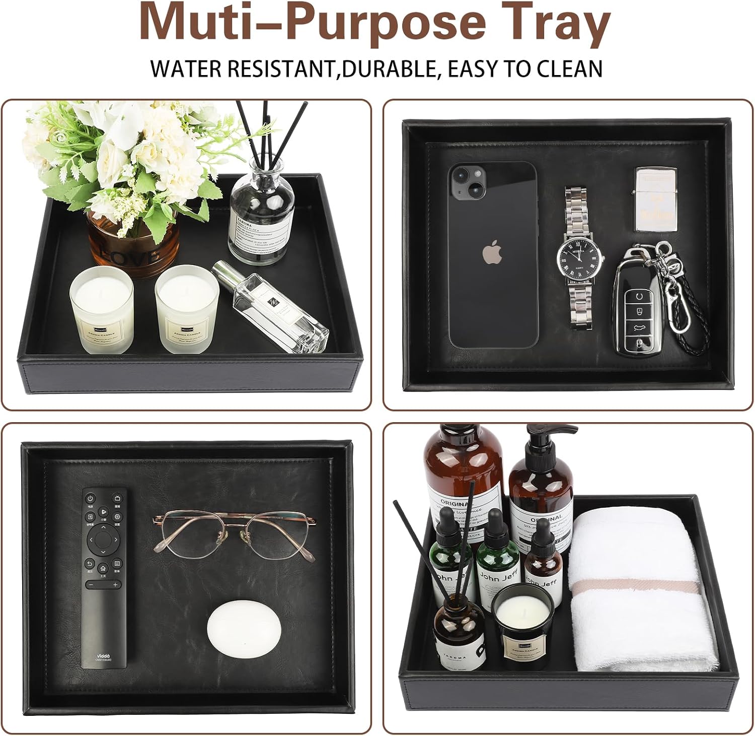 Leather Valet Organizer for Men – Black Catchall for Wallet, Keys, EDC, Jewelry, and Perfume – Nightstand, Dresser, and