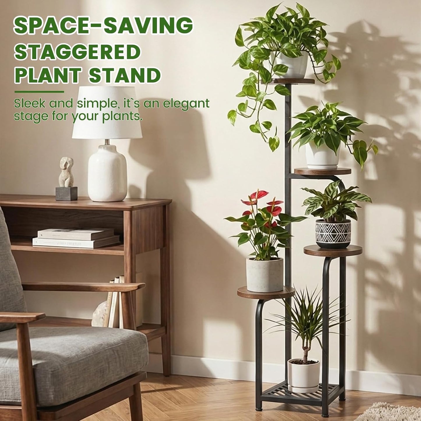 TOSKING Tall 5-Tier Corner Plant Stand Indoor, Anti-Tip,Brown & Black,47in | Plywood trays,wide base and heavy-duty