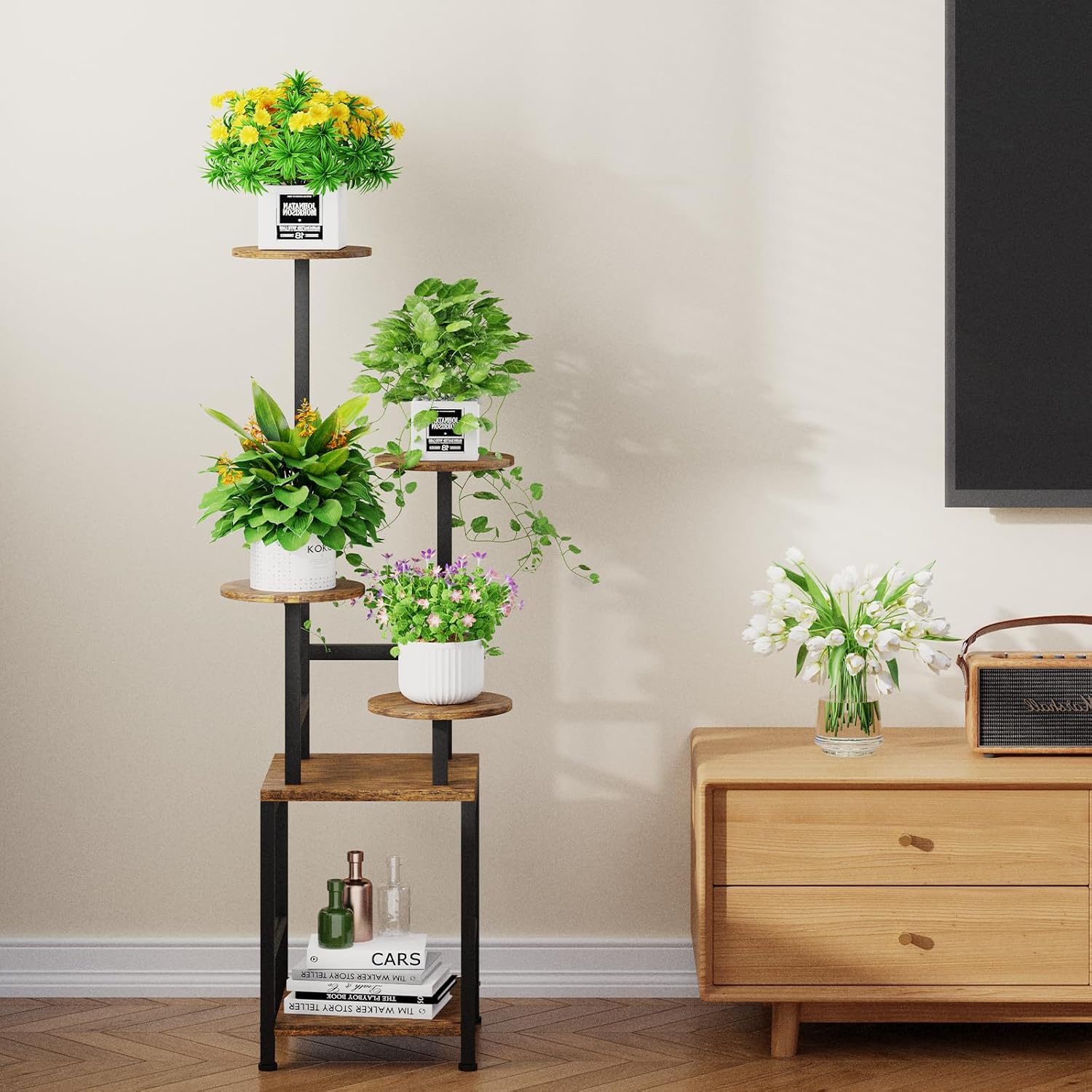 Round Plant Stand Indoor with Grow Light, 5-Tiered Tall Plant Stand Indoor, Metal Plant Shelf with Adjustable Light