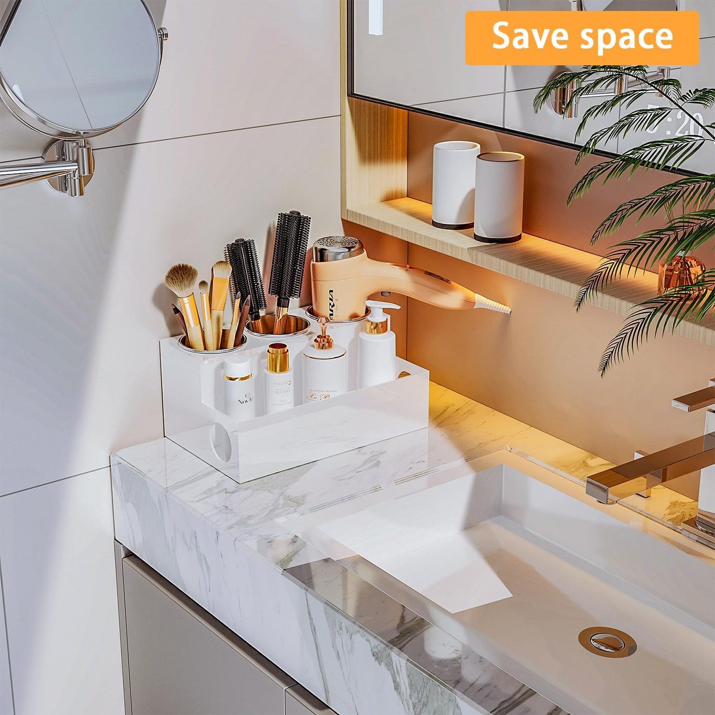 Countertop Hair Tool Organizer White Acrylic Holder for Vanity | Heat Insulated Steel Cups, Cord Hole Design, Stores