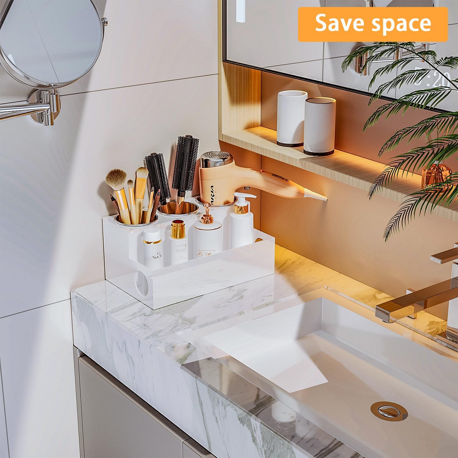 Countertop Hair Tool Organizer White Acrylic Holder for Vanity | Heat Insulated Steel Cups, Cord Hole Design, Stores