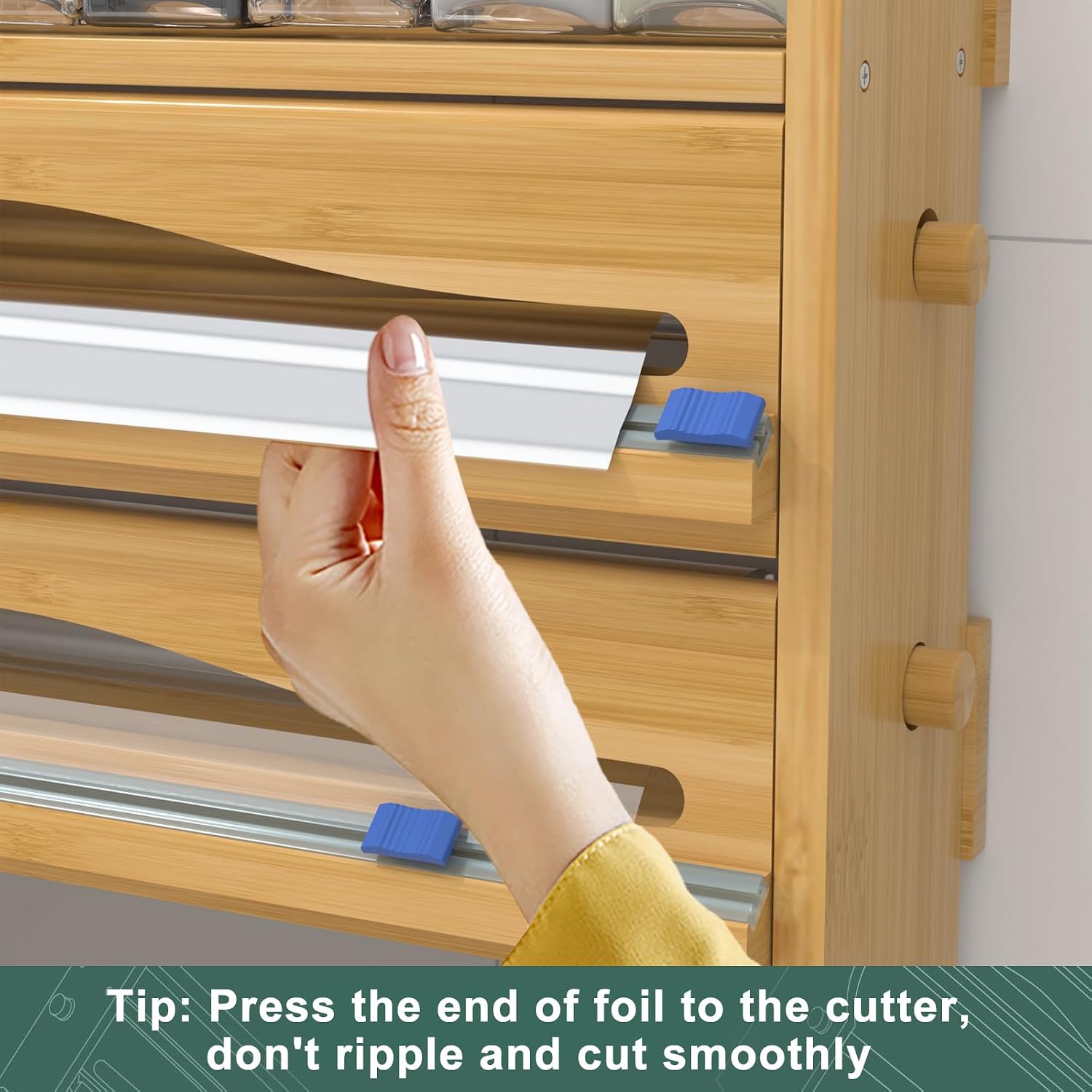 Foil Plastic Wrap Organizer Dispenser - Wall Mounted Bamboo Kitchen Paper Towel Holder with Spice Shelf,4 in 1 12" Roll