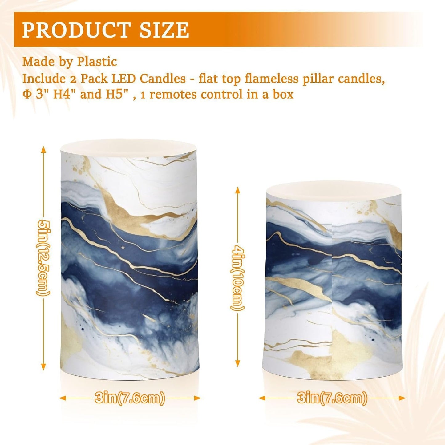 Flickering Flameless Candles, Drak Blue Golden Marble LED Candles with Remote Timer, Set of 2 Battery Operated Candle