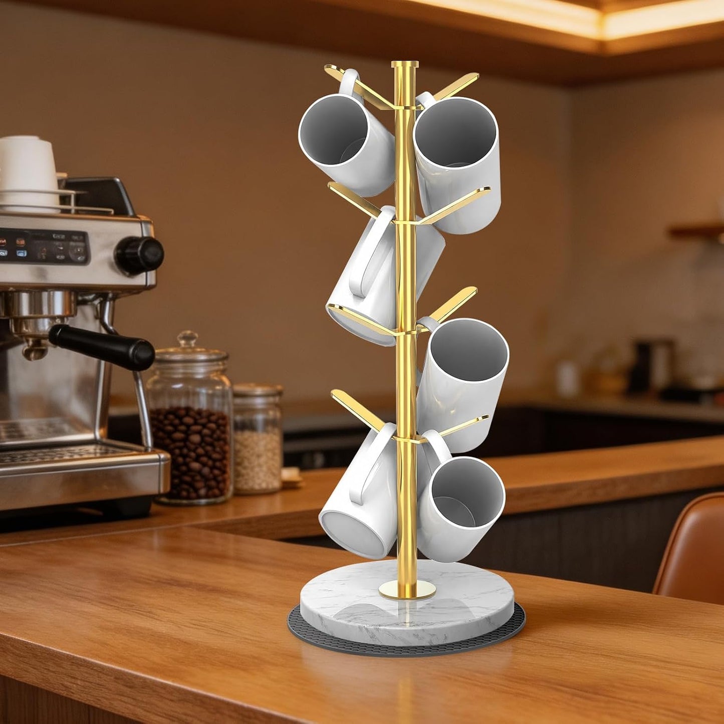Gold Marble Mug Holder Tree with 2–8 Adjustable Hooks | Detachable Stainless Steel Coffee Cup Stand with Modular Height