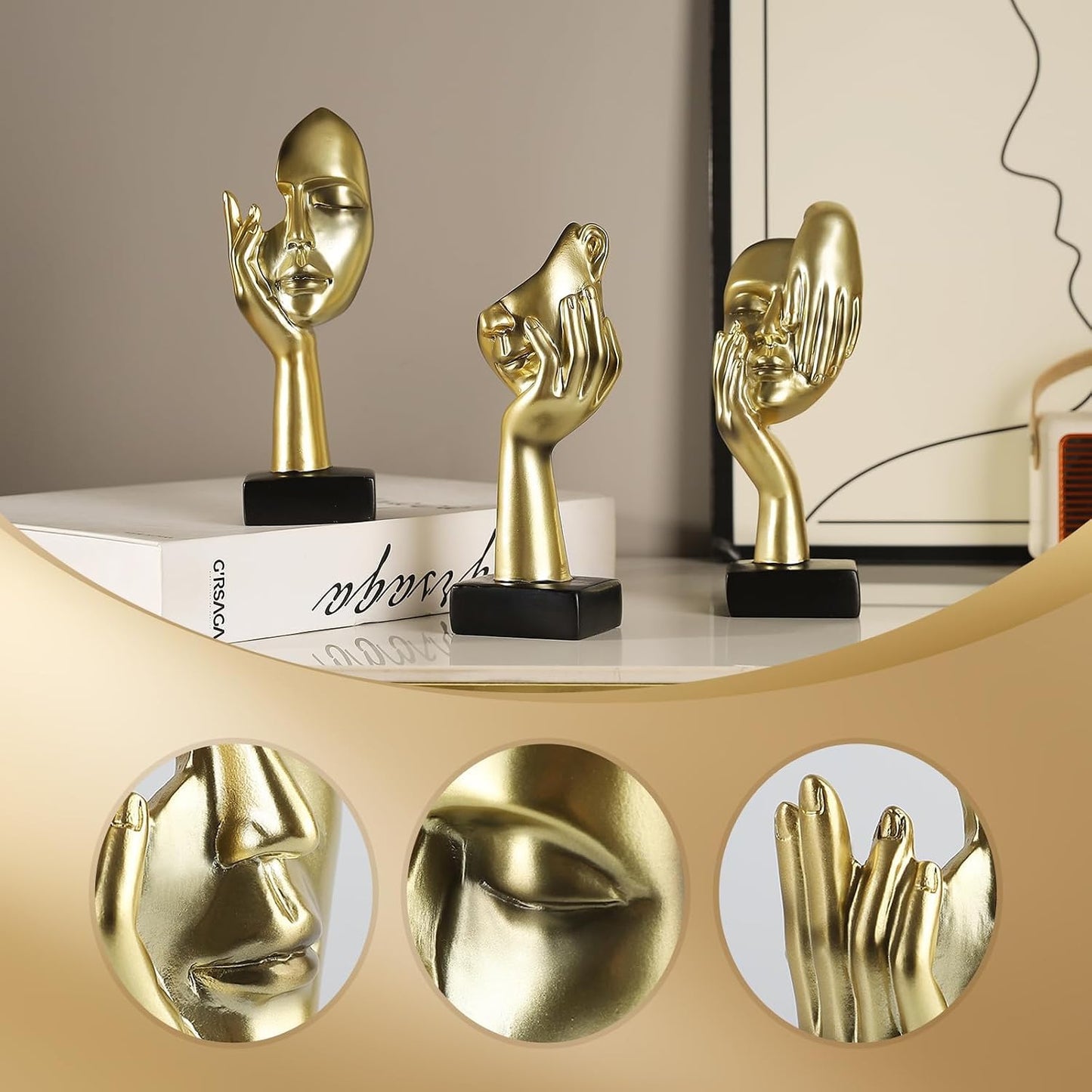 Thinker Statues / Modern Living Room Decoration / Gold Abstract Sculpture Decor / Set of 3