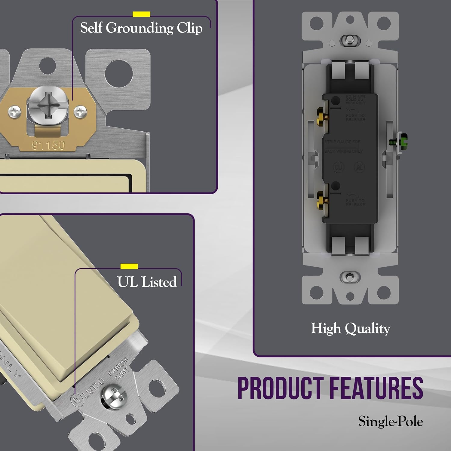 ENERLITES Decorator On/Off Paddle Switch with Wall Plates, Single Pole, 3 Wire, Grounding Screw, Residential Grade, 15A