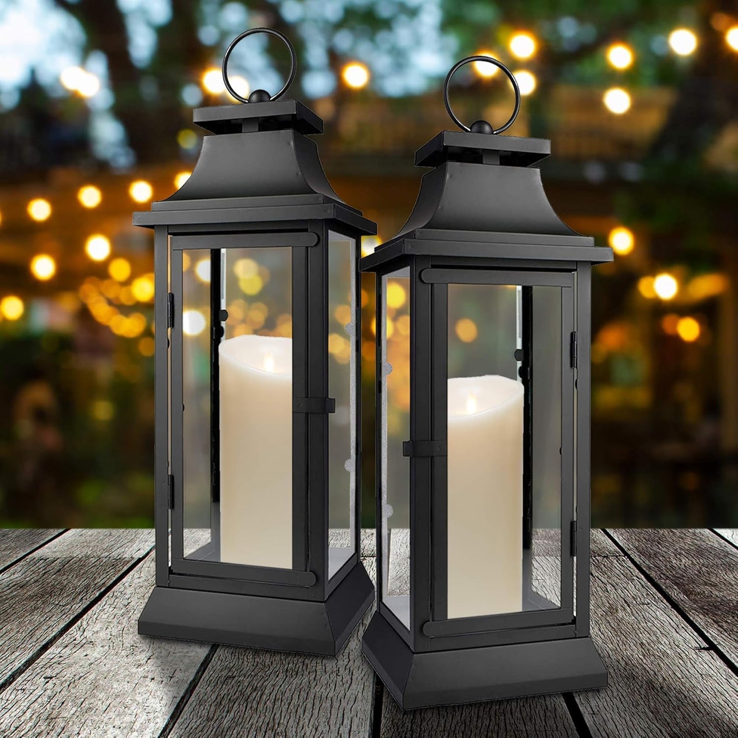 Serene Spaces Living Black Metal Hurricane Lantern with Clear Glass Panels – Hanging or Tabletop Decorative Lantern for