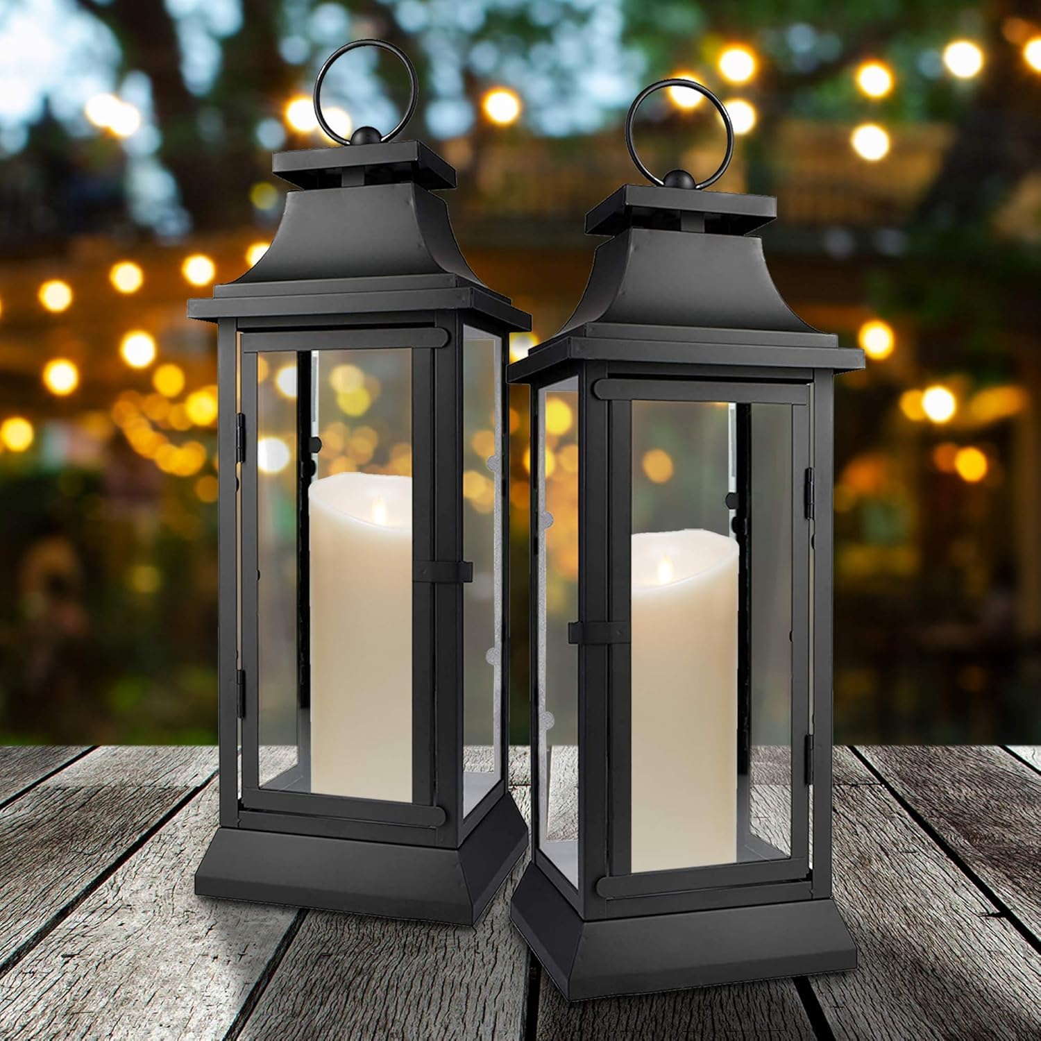 Serene Spaces Living Black Metal Hurricane Lantern with Clear Glass Panels – Hanging or Tabletop Decorative Lantern for