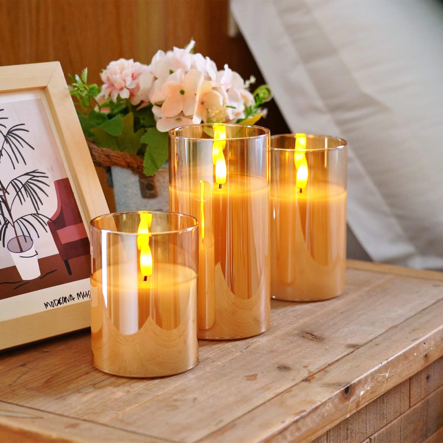 Homemory Amber Glass Flameless Candles, Real Wax, Remote Timer, 3 Pack | D3"xH4"5"6", battery operated flickering LED