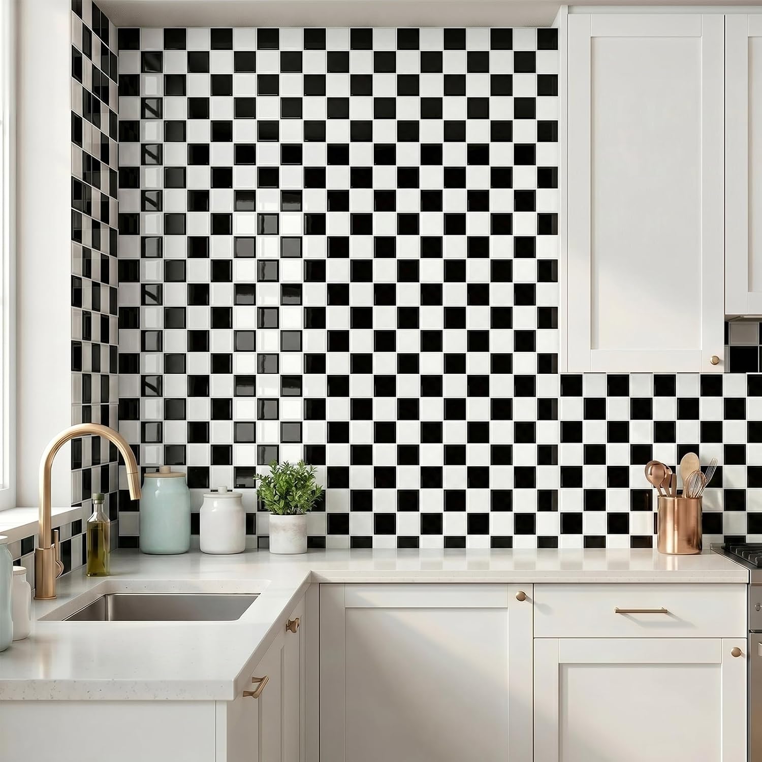 Peel and Stick Backsplash Subway Tiles / 10PC 9"L x 9"W / Checkered 1 / Black