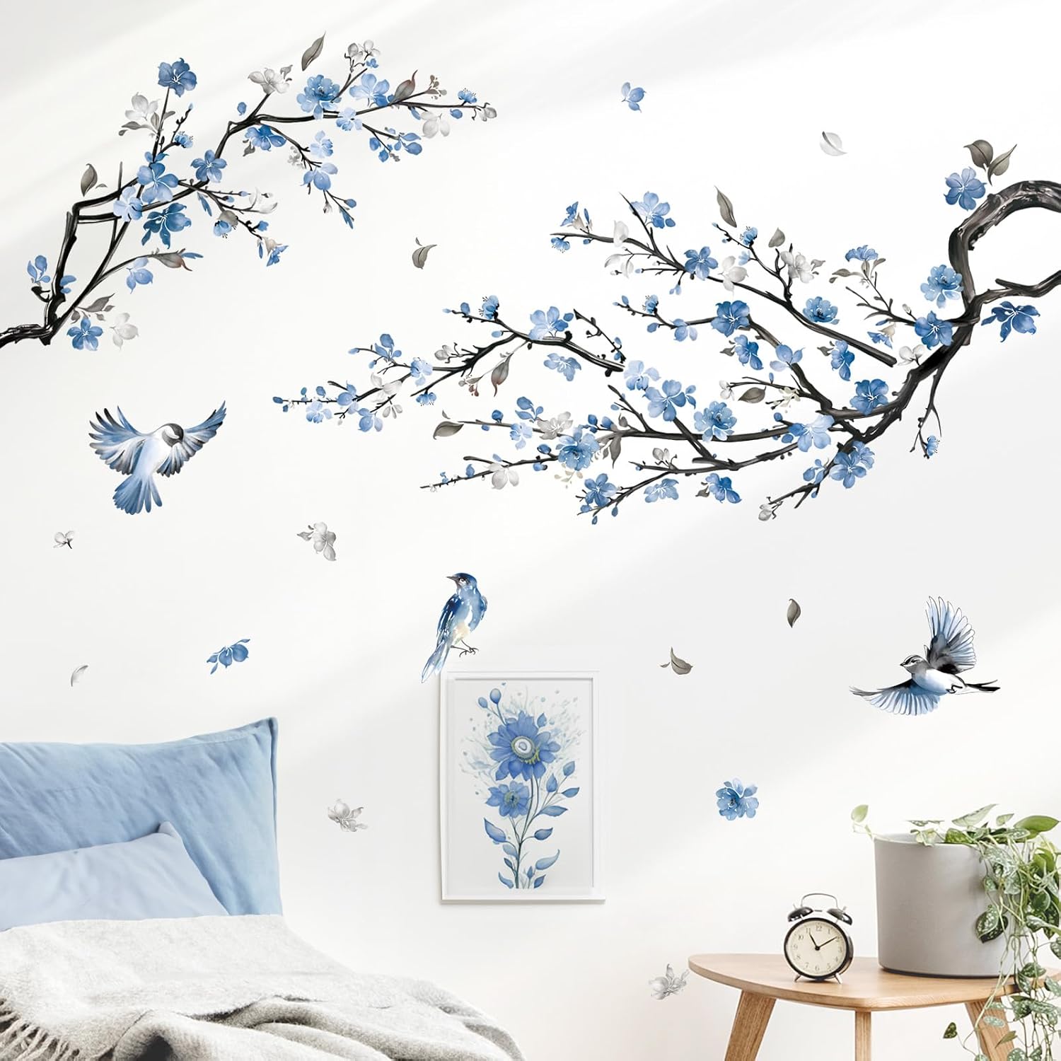 Watercolor Flower Branch Wall Decals Blossom Tree Branch Floral Wall Stickers Bedroom Living / Blue