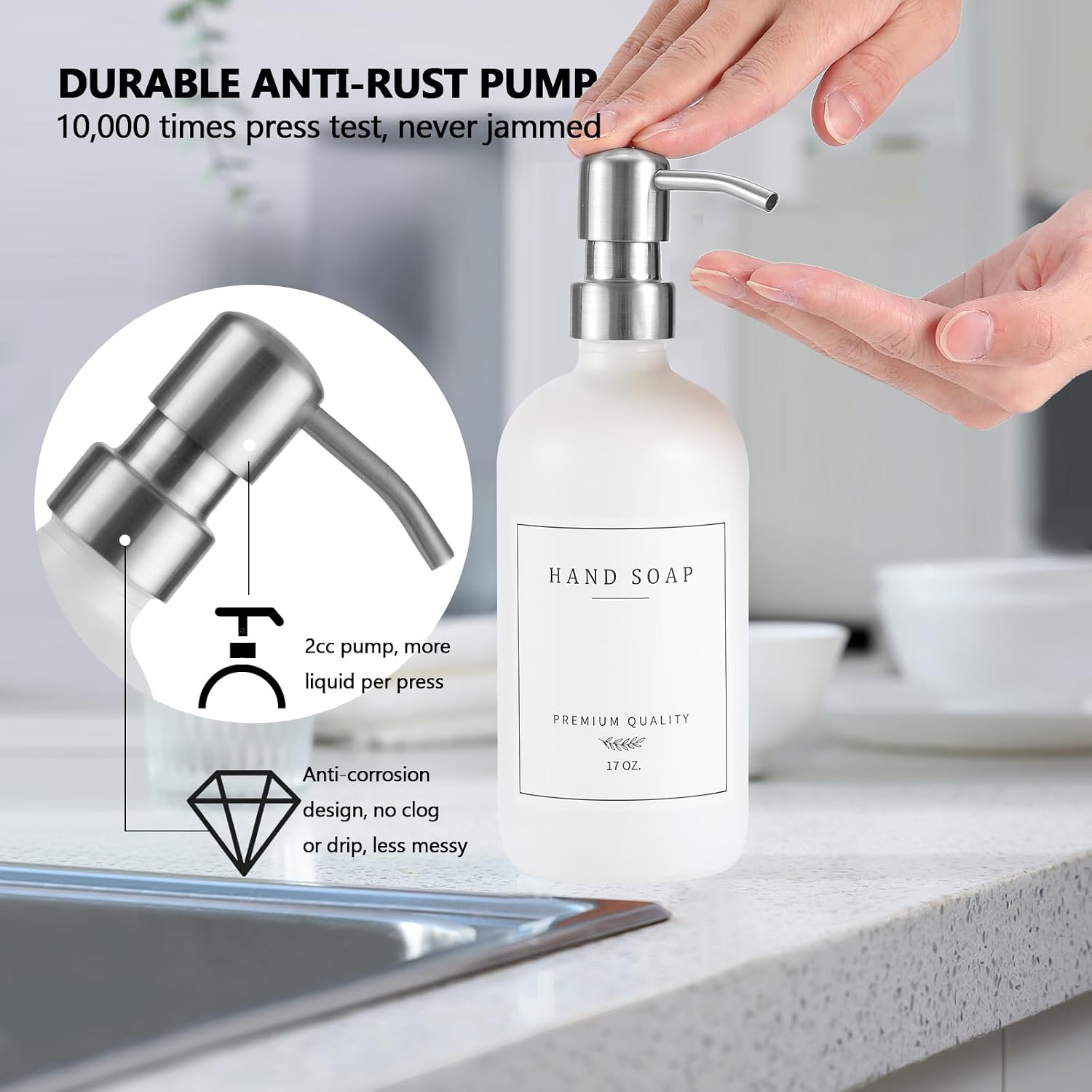 Thick Glass Soap Dispenser - Kitchen Dish Hand Soap Dispenser Set, Rustproof Pump Soap Lotion Dispenser Bathroom with