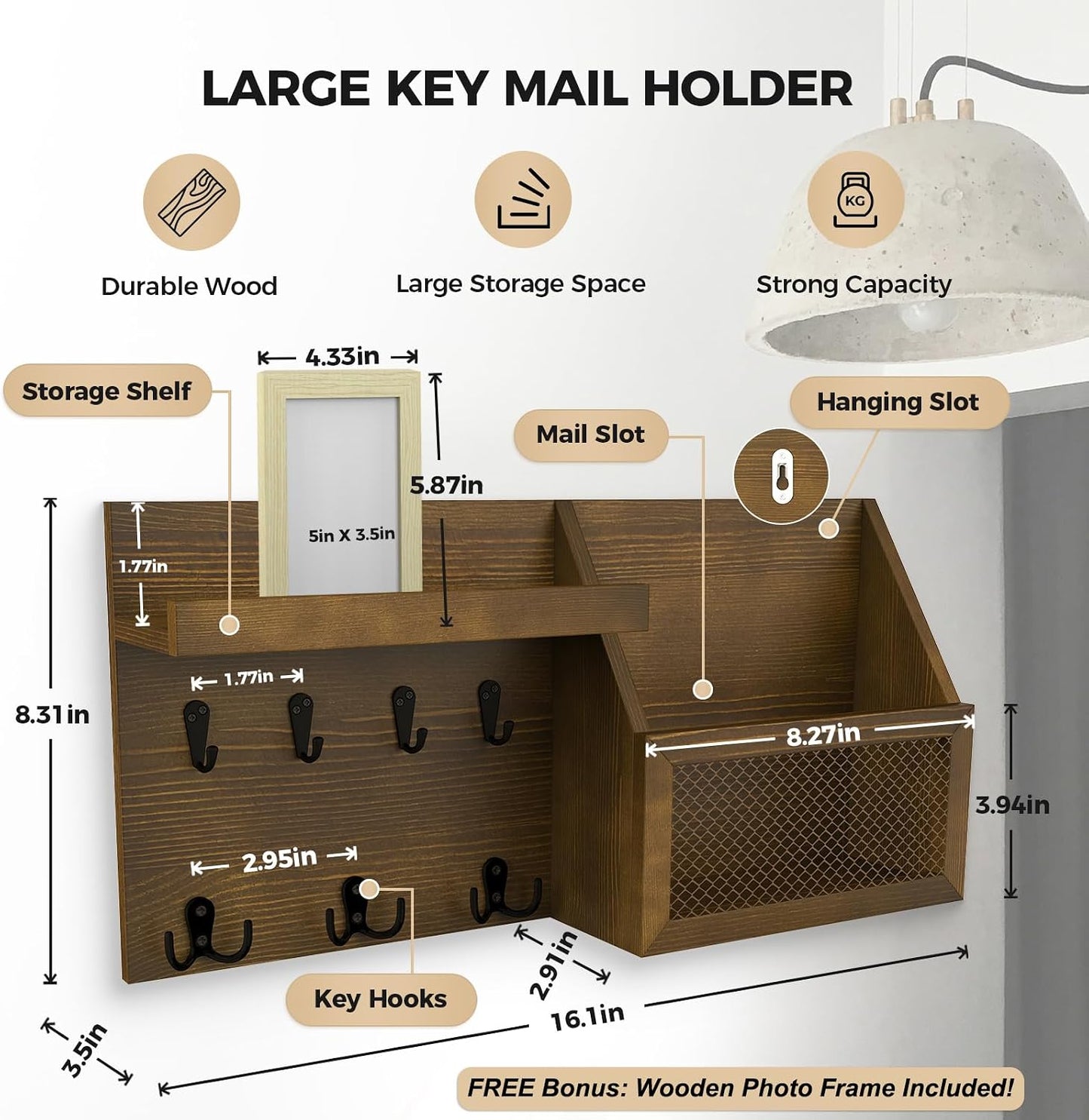 Key Holder Wall Mount Pine Wood Mail Organizer Key Rack / Rustic Brown / 16 x 8