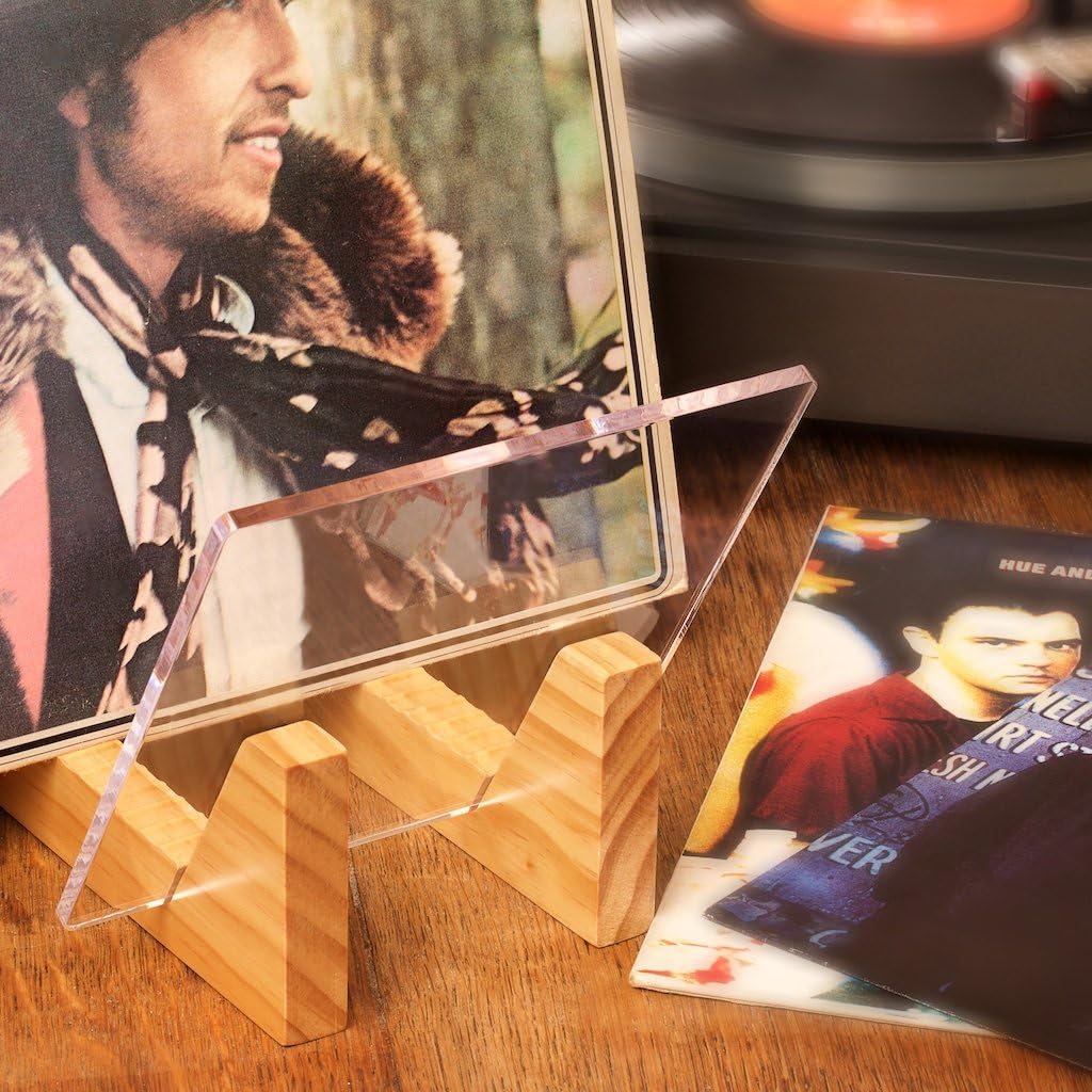Vinyl Record Storage Holder - Solid Wood with Crystal Clear Acrylic Holder - Premium Design, Perfect 12" LPs or 7"