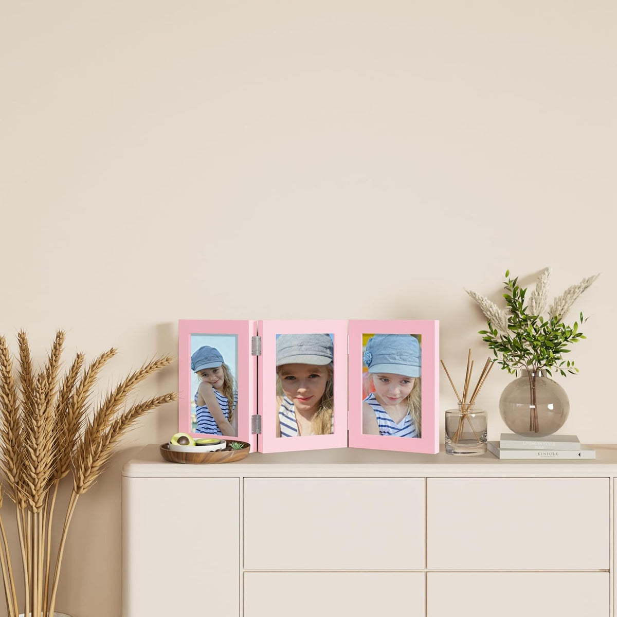 decorUhome Pink Triple 5x7 Picture Frame Vertical, MDPK08 | "Z" Shape Folding Design Engineered Wood Trifold Photo