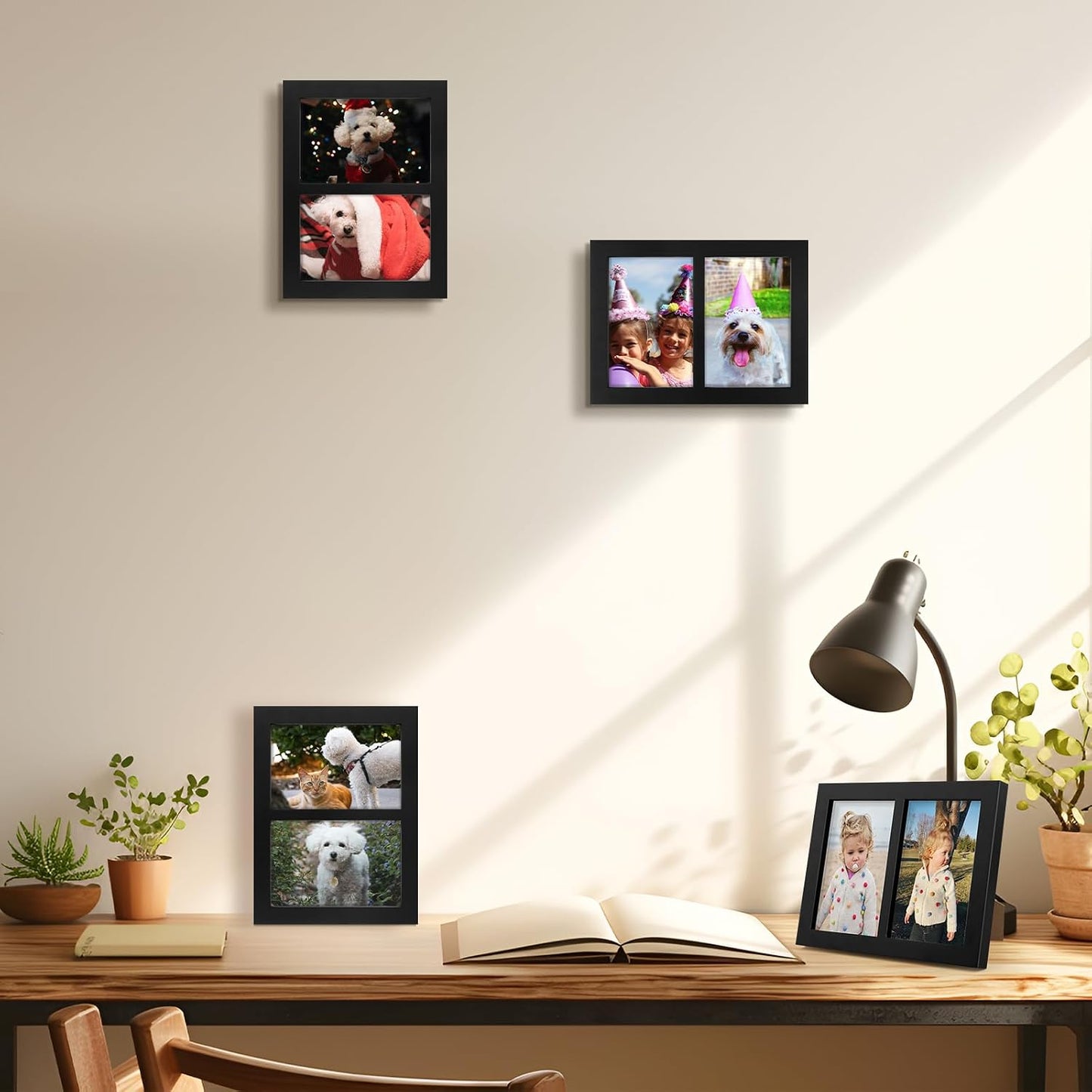 Golden State Art, 4x6 Double Picture Frame, Display Two 4x6 Photos(Black) | Solid Wood- Real Glass For Tabletop Or Wall