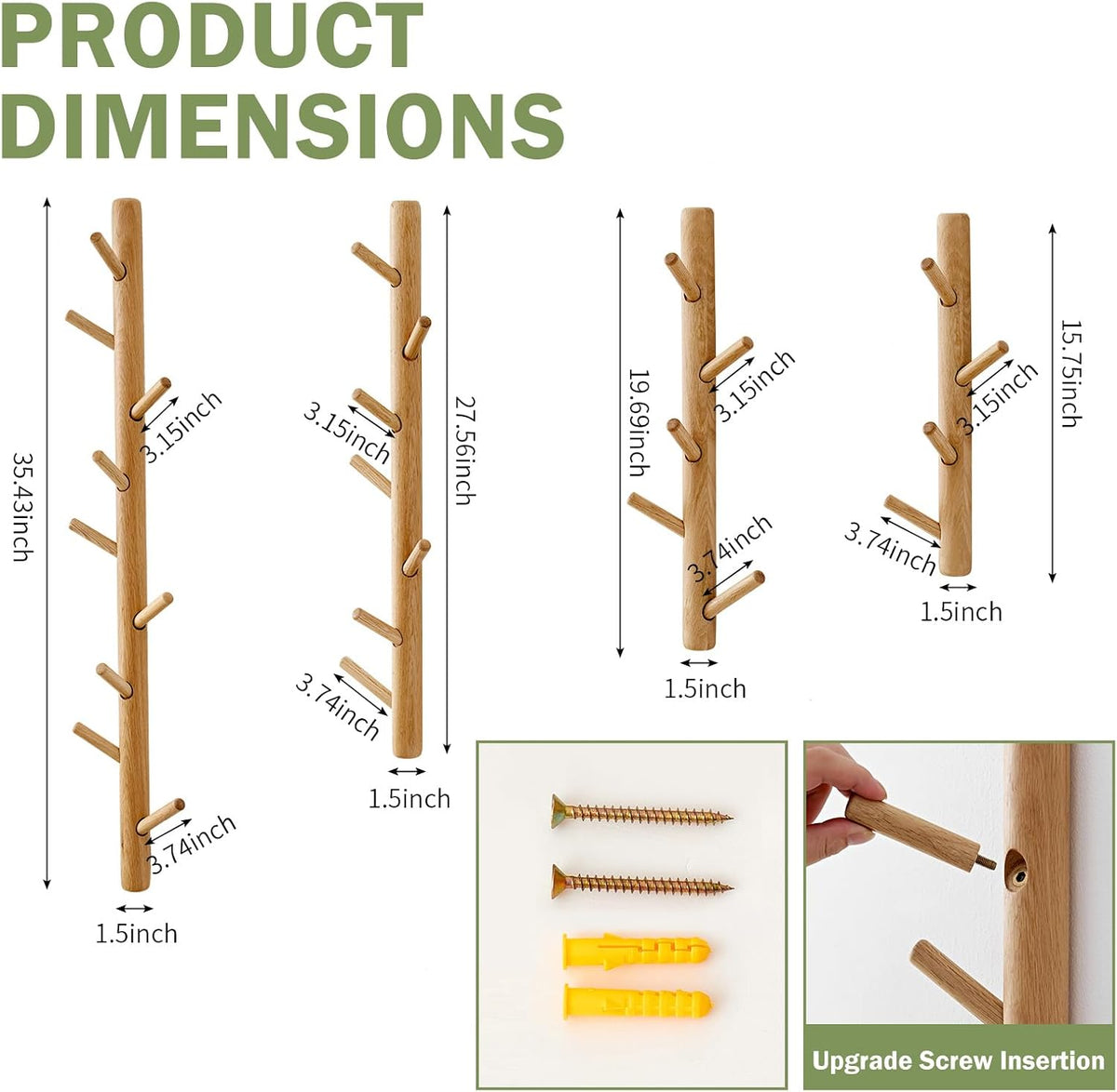 Vertical Coat Rack Wall Mounted - Height 36 Inches, Oak Wood Vertical Hat Rack for Wall with 9 Hooks, Modern Coat Rack