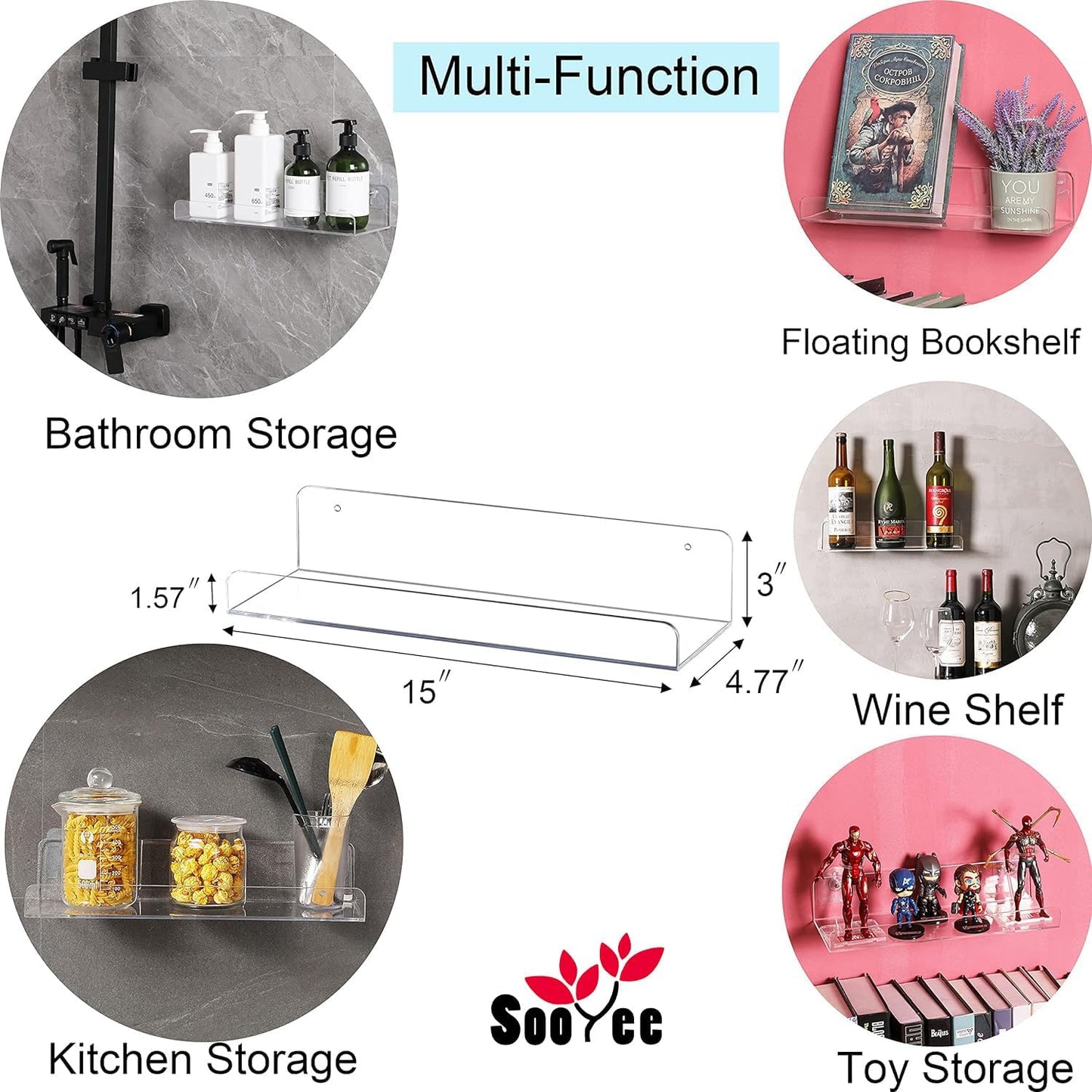Sooyee 6 Pack Acrylic Floating Wall Shelves, 15 Inch | Funko Pop Display Shelf, Invisible Kids Book Shelf, Picture