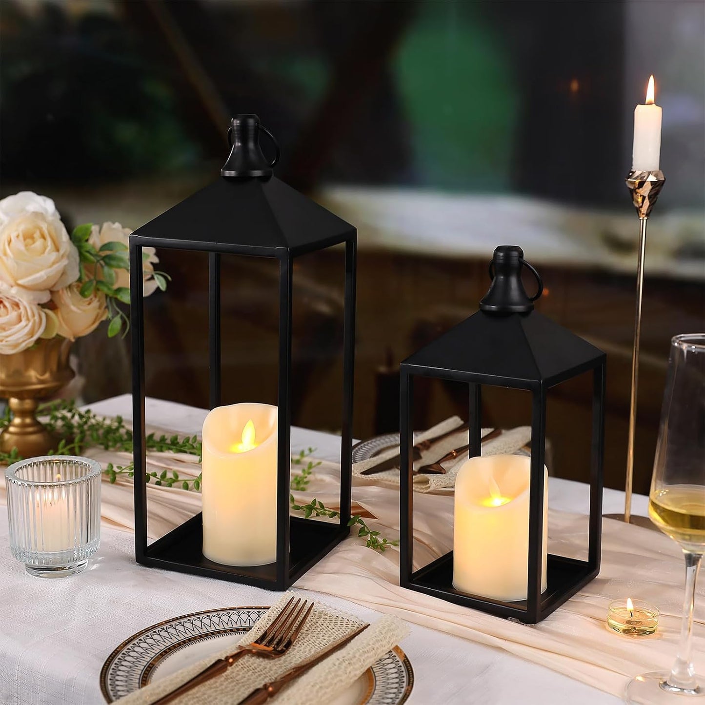 2 Pcs Black Decorative Metal Lanterns Farmhouse Lantern Decor with Candles | 15" 11" Outdoor Candle Lanterns for