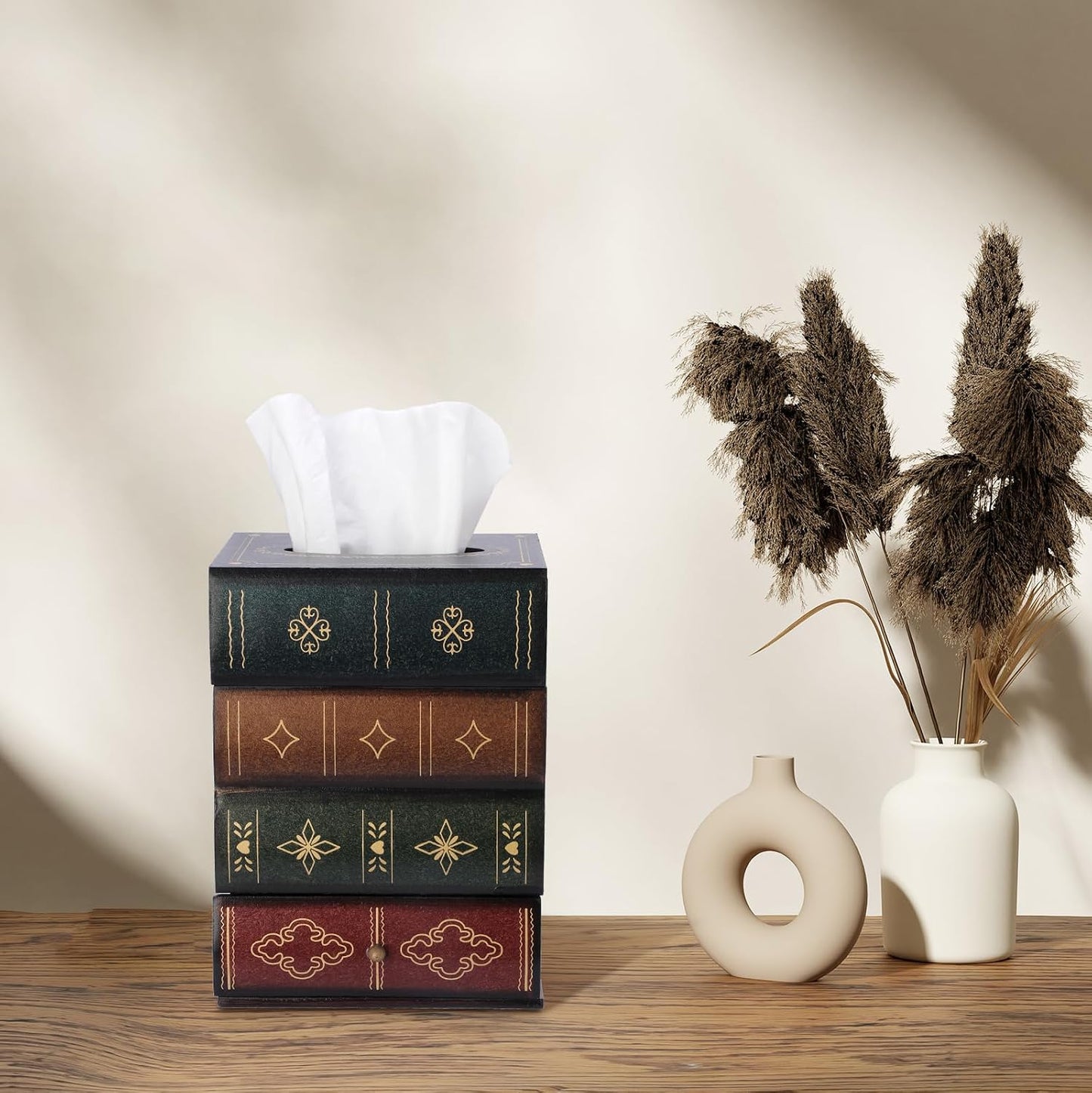 Antique Wooden Book Tissue Box Cover / Green Top