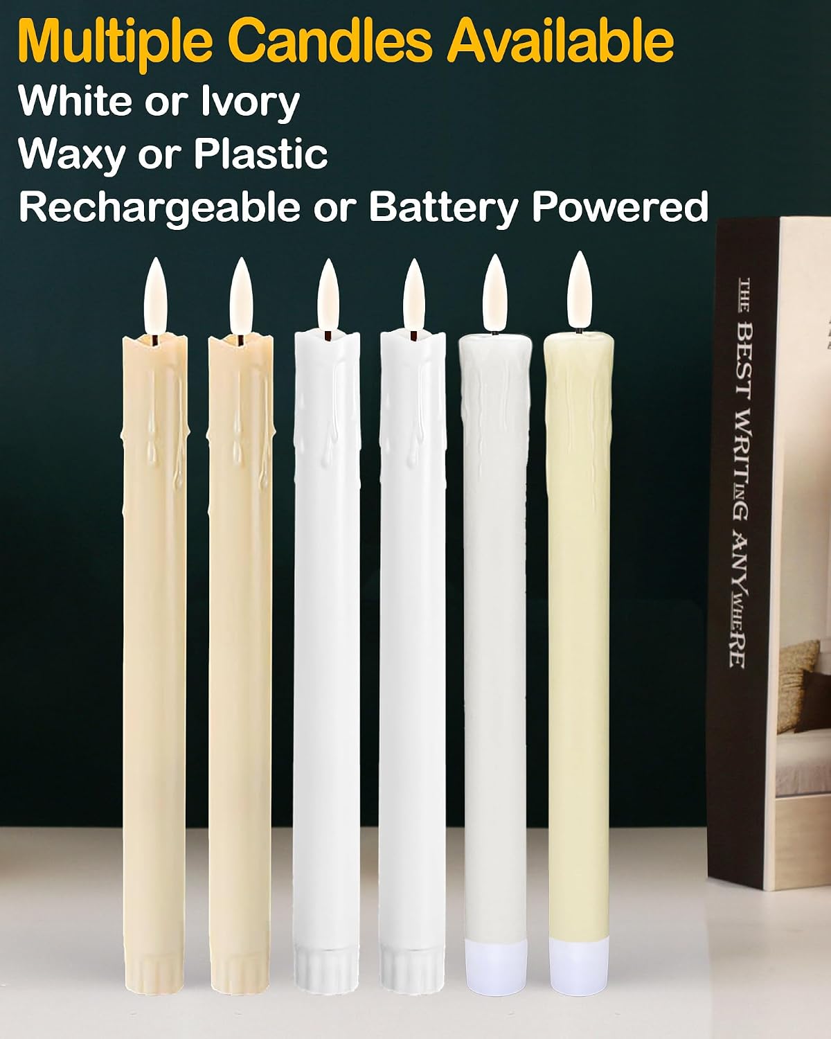 Gmnee 9.6" Taper Rechargeable Candles with Remote and Timer, White | 6 Pack Flameless Taper Candles, LED CandleSticks