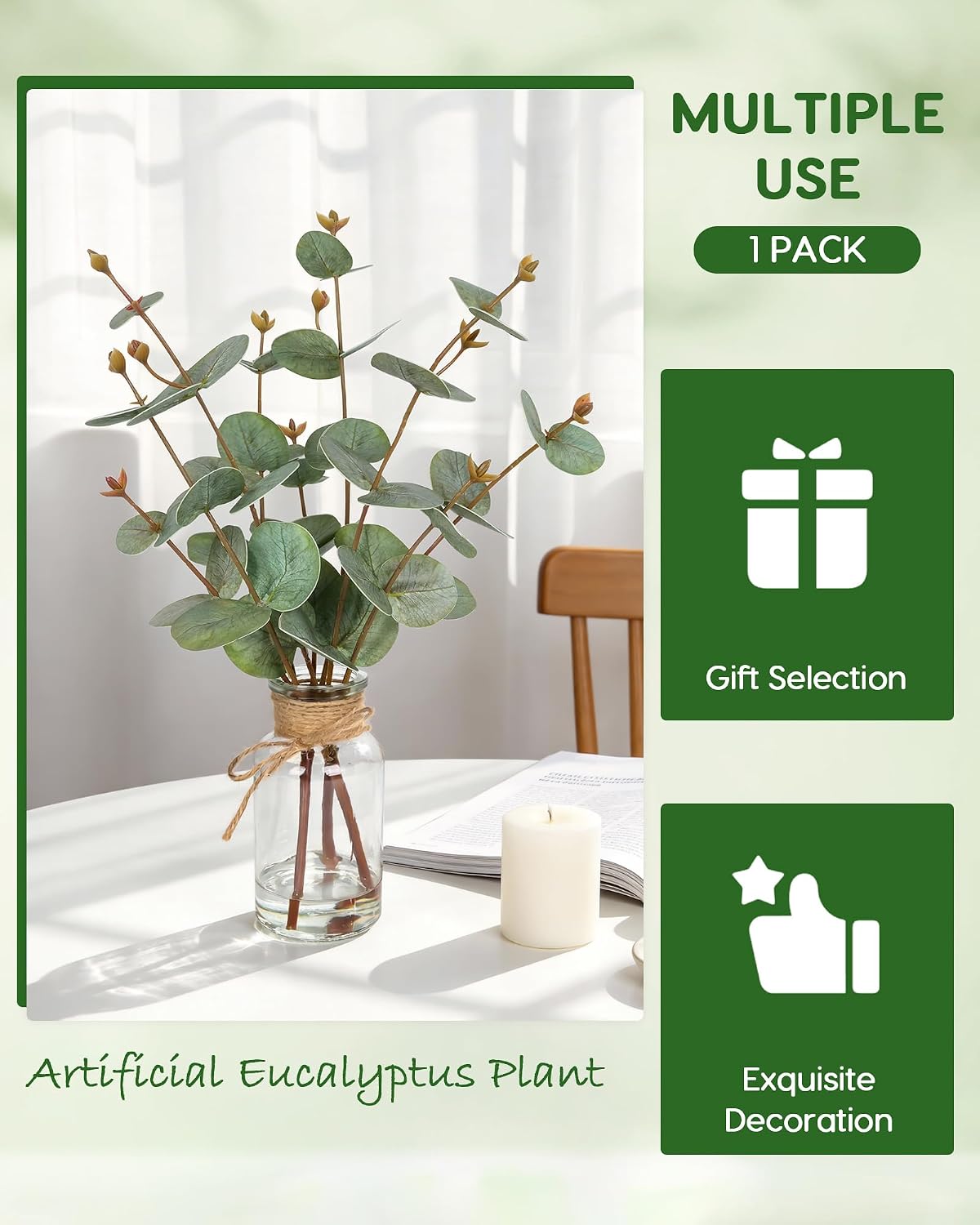 Faux Eucalyptus Stems in Vase / Green Eucalyptus