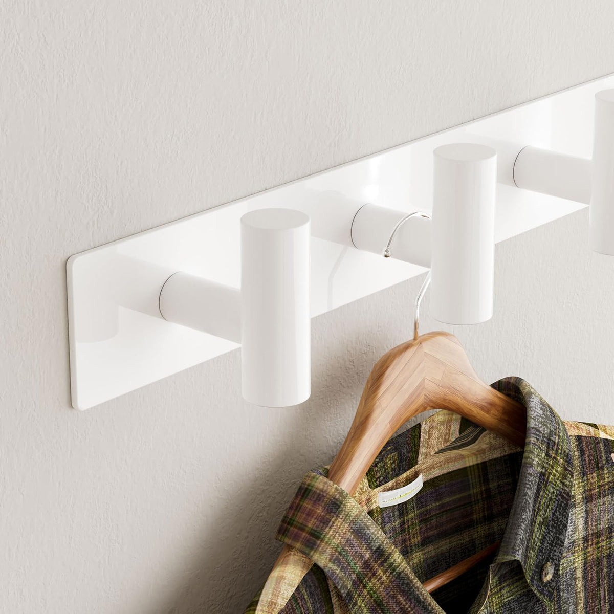 White Wall Mounted Coat Rack – 5 T-Shaped Hooks on 16.5" Rail, (2 Pack) | for Hanging Hats, Bags & Towels, Heavy-Duty