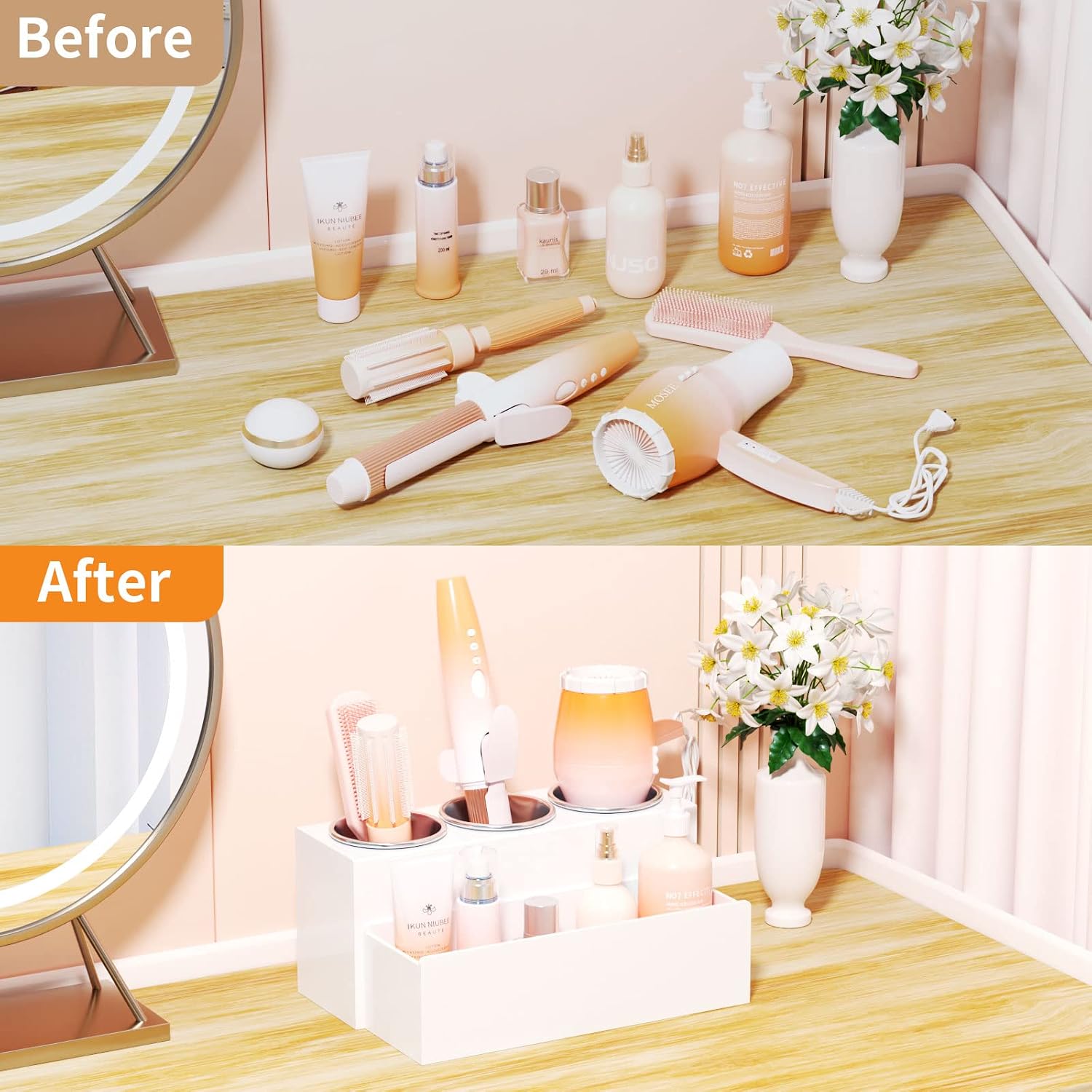 NIUBEE Acrylic Hair Tool Organizer,Hair Blow Dryer Holder with 3 Cups,White | Acrylic Hot Tools Organizer,Hair