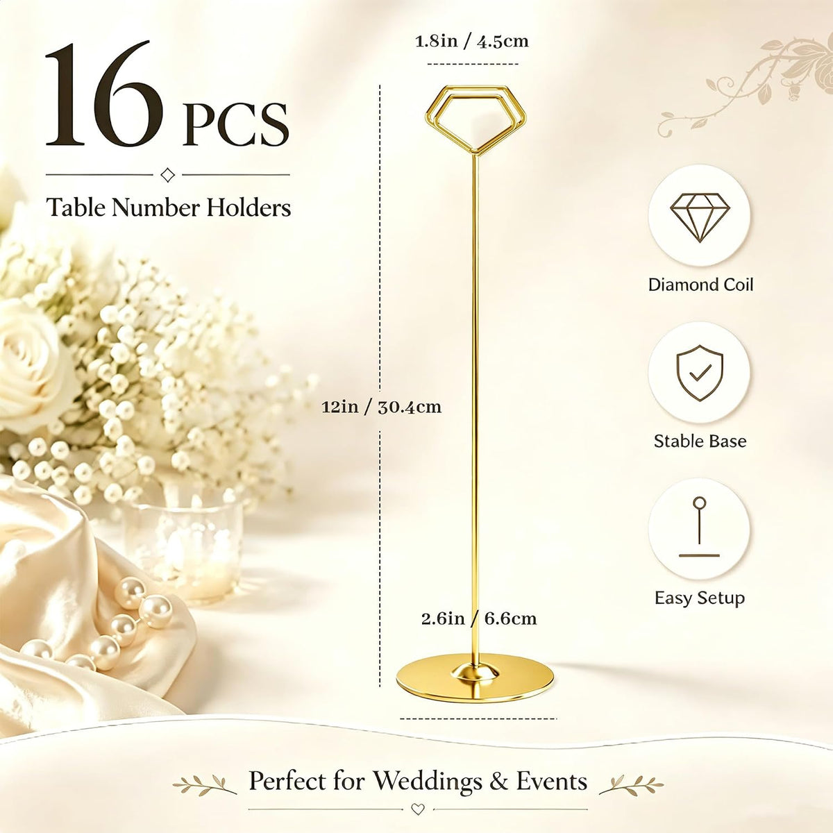 16 Pack 12 Inch Table Number Holders, Gold Diamond Place Card Holders | Steel Table Card Stands for Weddings