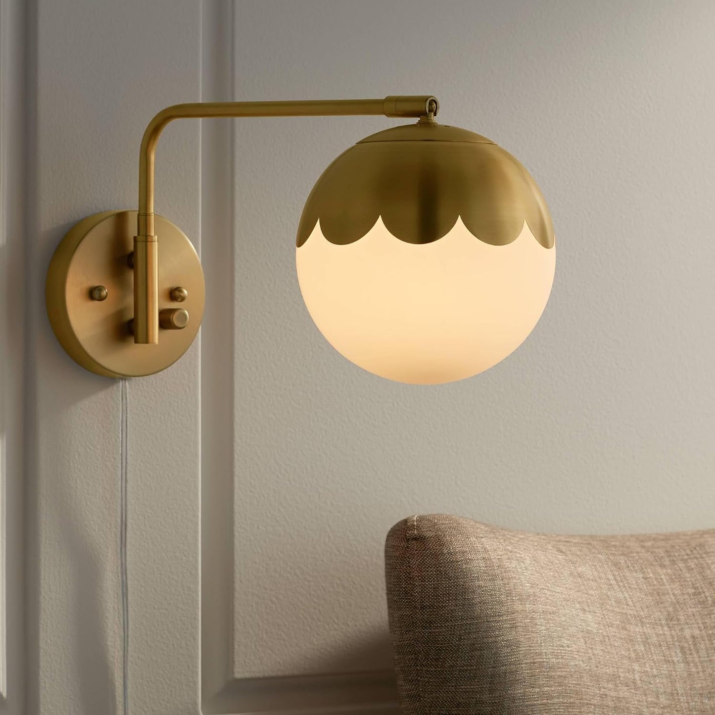 Camila 8 1/4" Brass and Glass Globe Plug-In Modern Wall Lamp Light Fixture | Indoor Swing Arm Antique Metal Dimmable