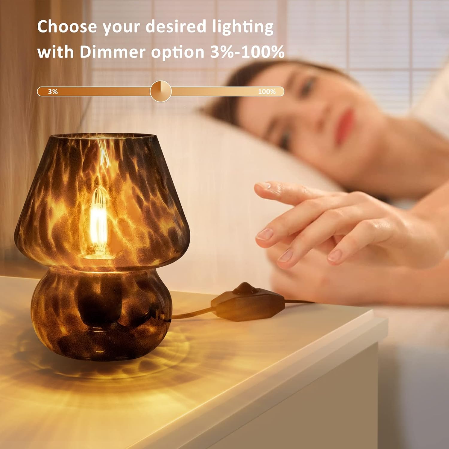 ONEWISH Mushroom Lamp Small Vintage Table Lamp for Bedroom Nightstand, Bedside Lamp Translucent Glass Stepless