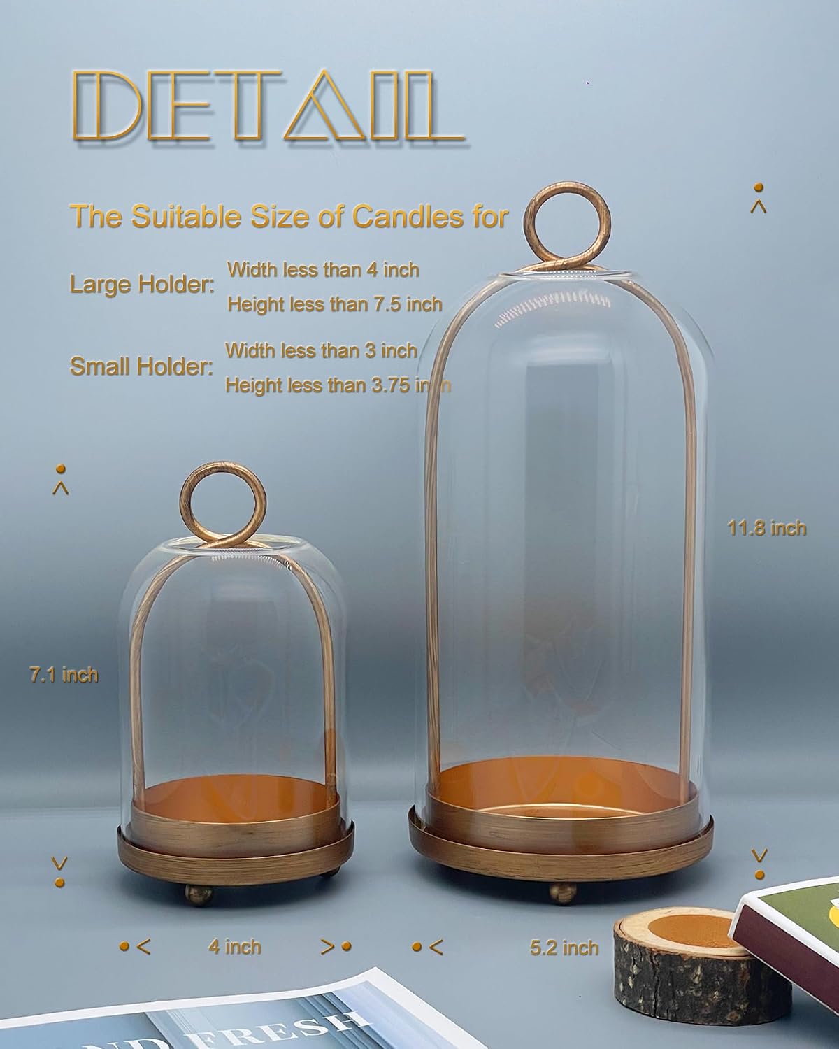 Glass Hurricane Candle Holders for Pillar Candles, Set of 2 (5" & 4" Wide) with Lamp Shape Glass Dome & Brass Base for
