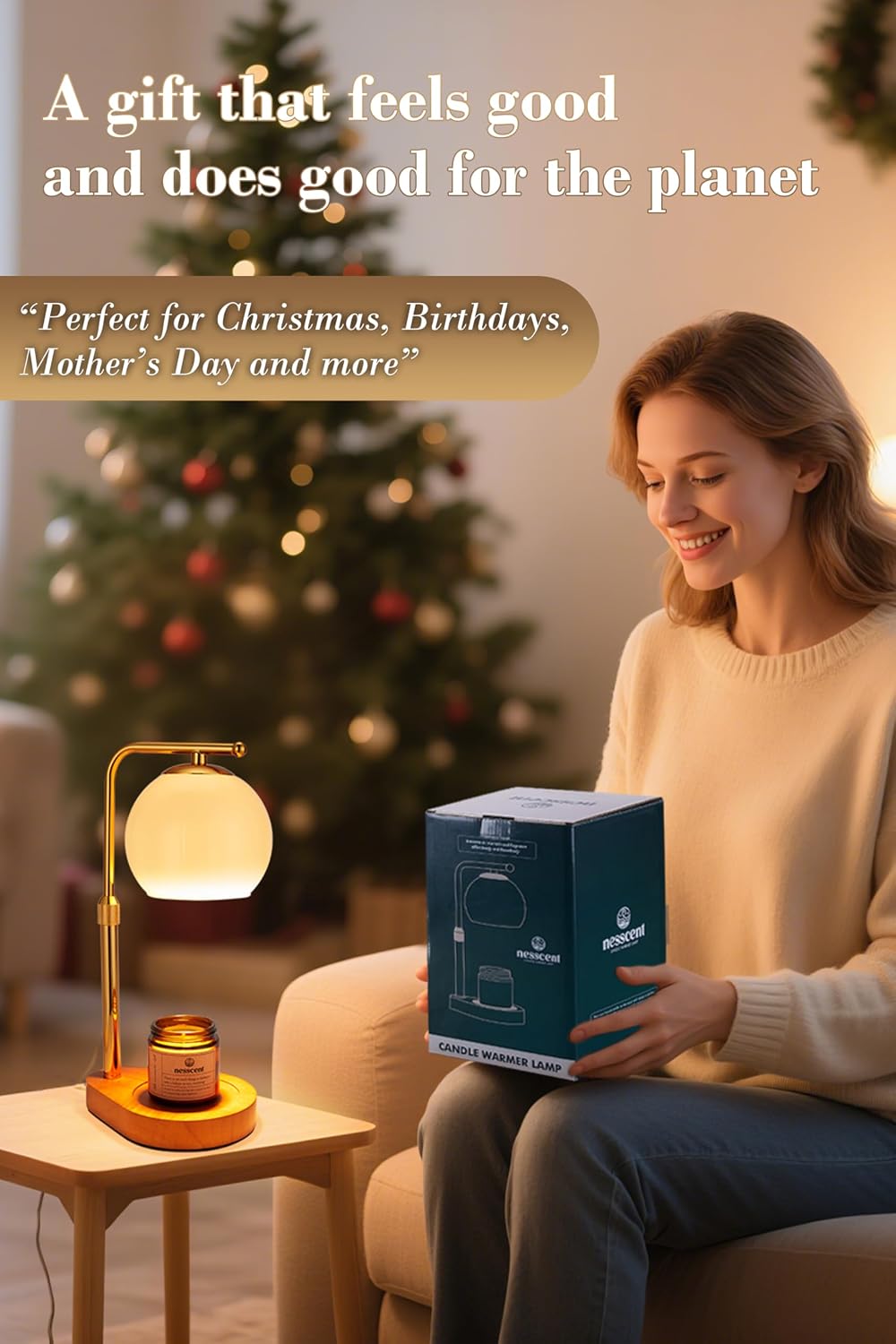 Ivory Glass Candle Warmer Lamp Adjustable Height with Timer 2 4 8H | Warm Gold Hardware | Dark Walnut Base | Dimmer Wax