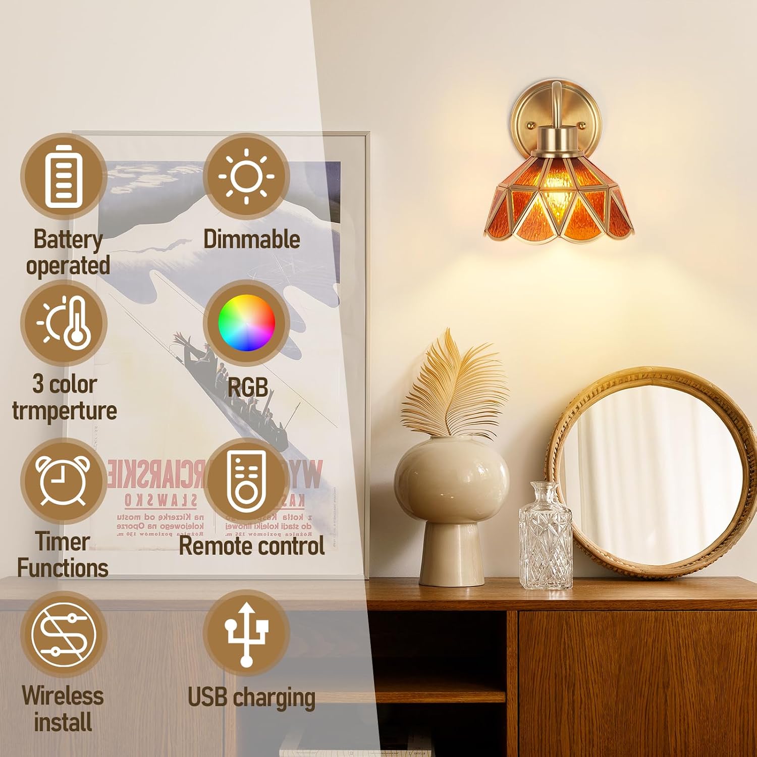Battery Operated Sconces Set of 2, Vintage Wall Light with Remote, Rechargeable Wall Sconces RGB, No Socket Required