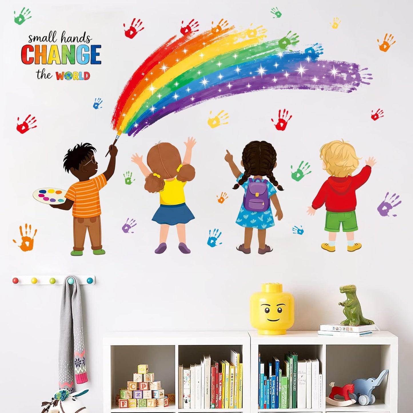 Rainbow Hand Print Wall Sticker Kids Inspirational Quotes Small Hands Change the World Peel
