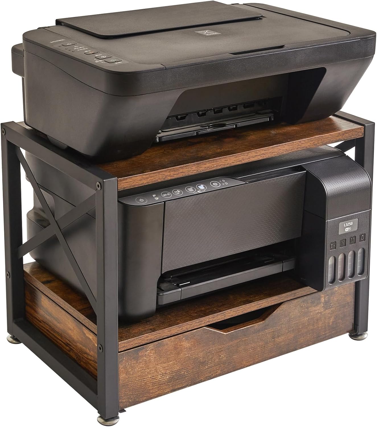 IBUYKE 2 Tier Desktop Printer Stand with Drawer Storage TLJ006H | Multi-Purpose Desk Organizer,Wooden Printer Stand for
