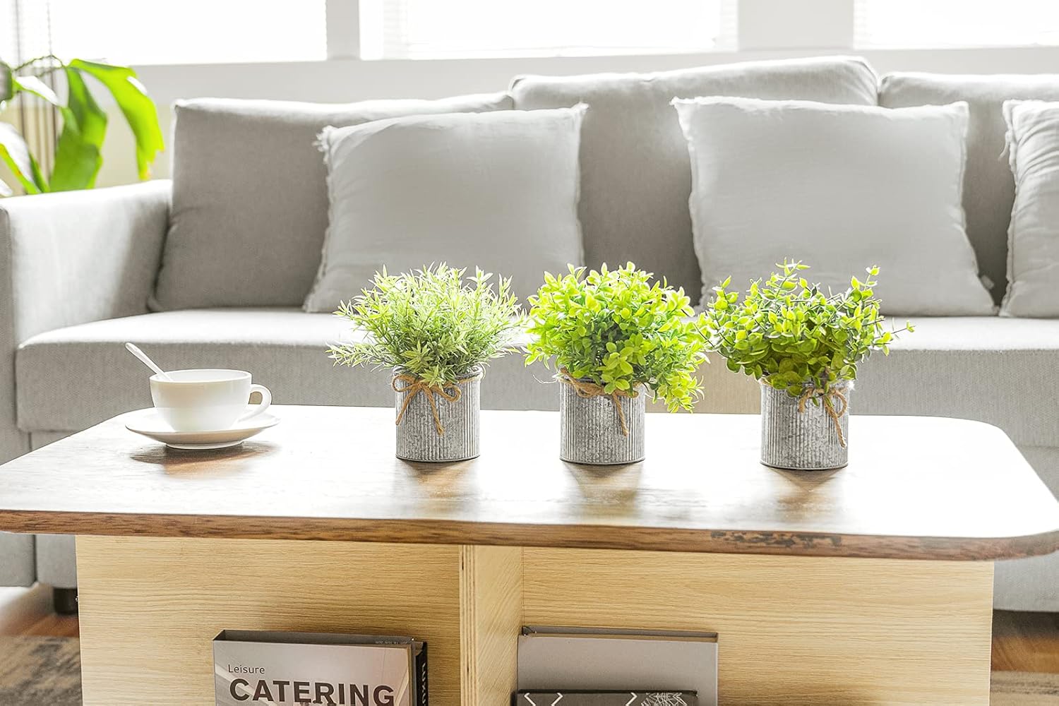 Small Fake Plants in Farmhouse Galvanized Metal Pots Potted Artificial / Grey / 3 Inch / Set of 3