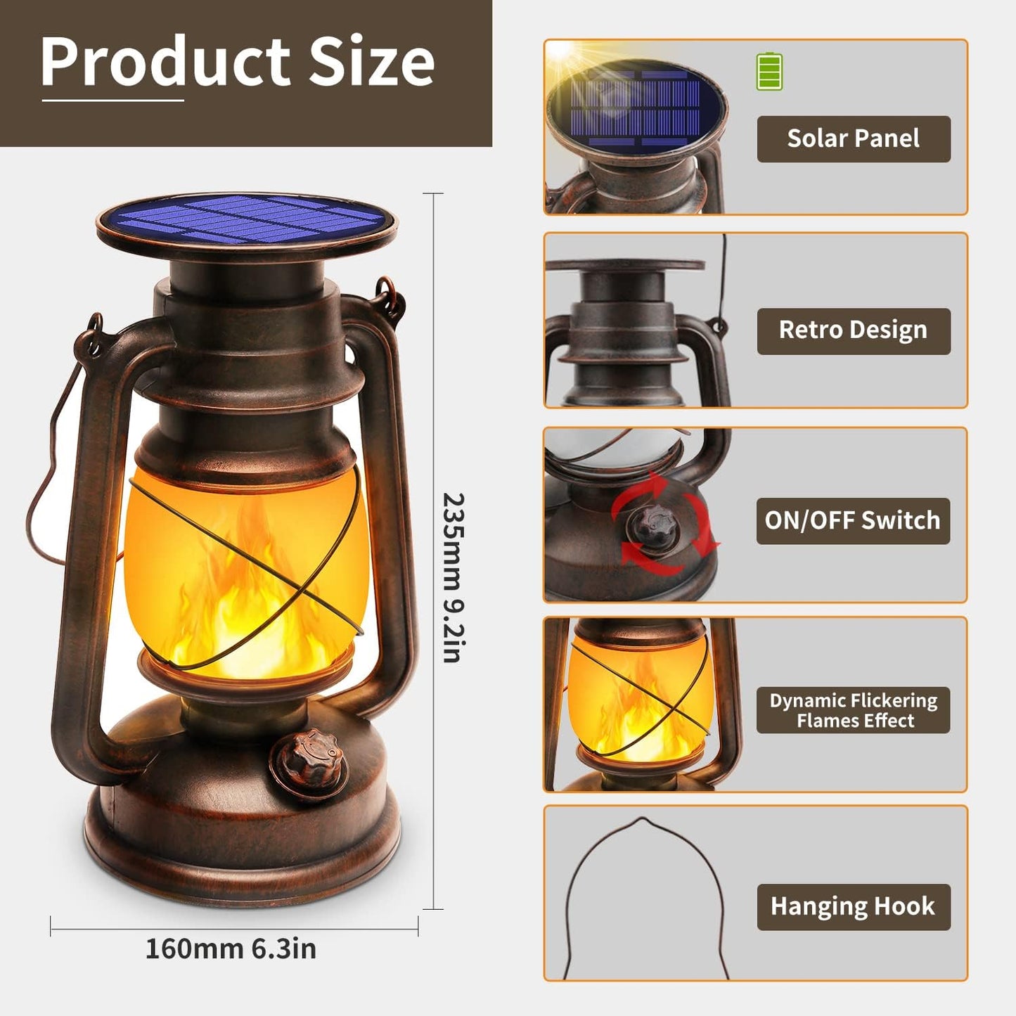 Outdoor Waterproof Solar Lanterns, 2 Pack Vintage Flickering Flame LED Hanging Lights with Auto On/Off, Rustic