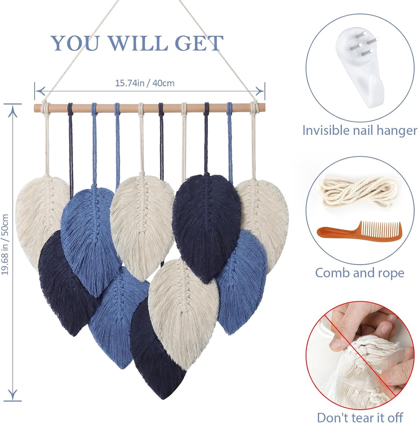 Macrame Wall Hanging Leaves Chic Woven Leaf Tassels Decoration Cotton Ornaments Tapestry / Navy Blue